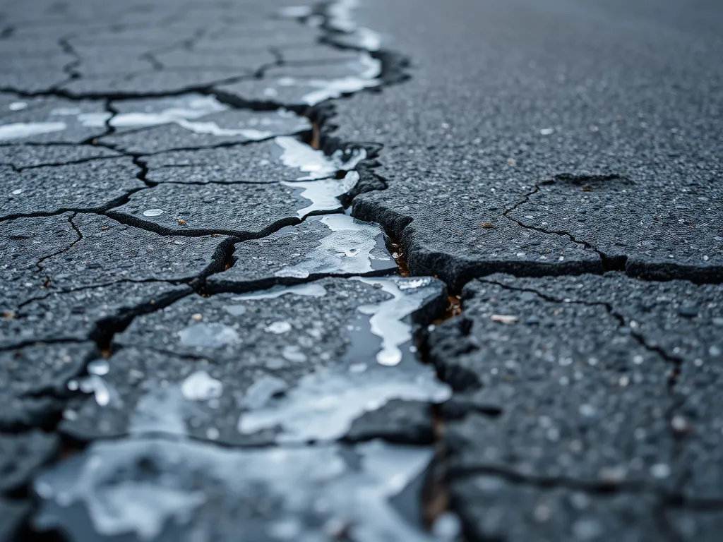 Cracked asphalt surface showing the effects of climate on durability