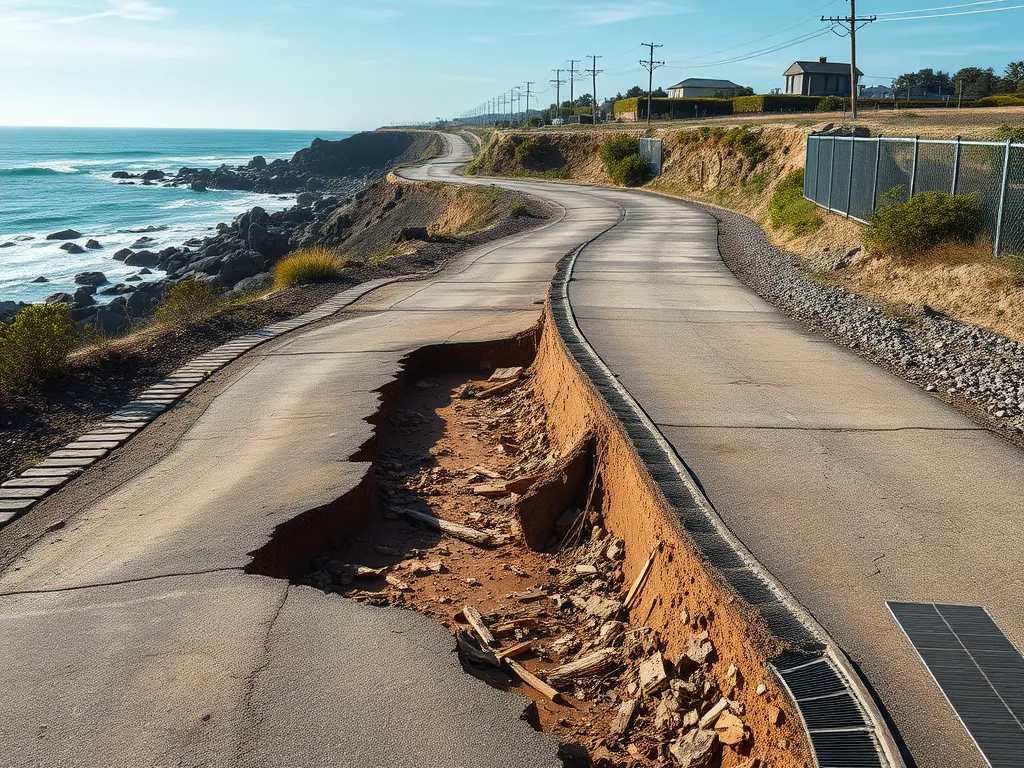 A cracked and eroded driveway demonstrating the effects of local climate on maintenance needs
