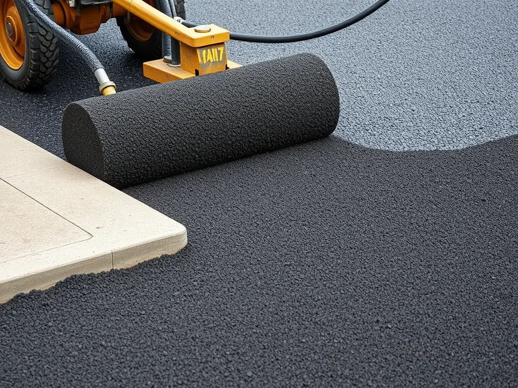 Worker applying cold mix asphalt to a surface with a roller, showcasing the process of paving.