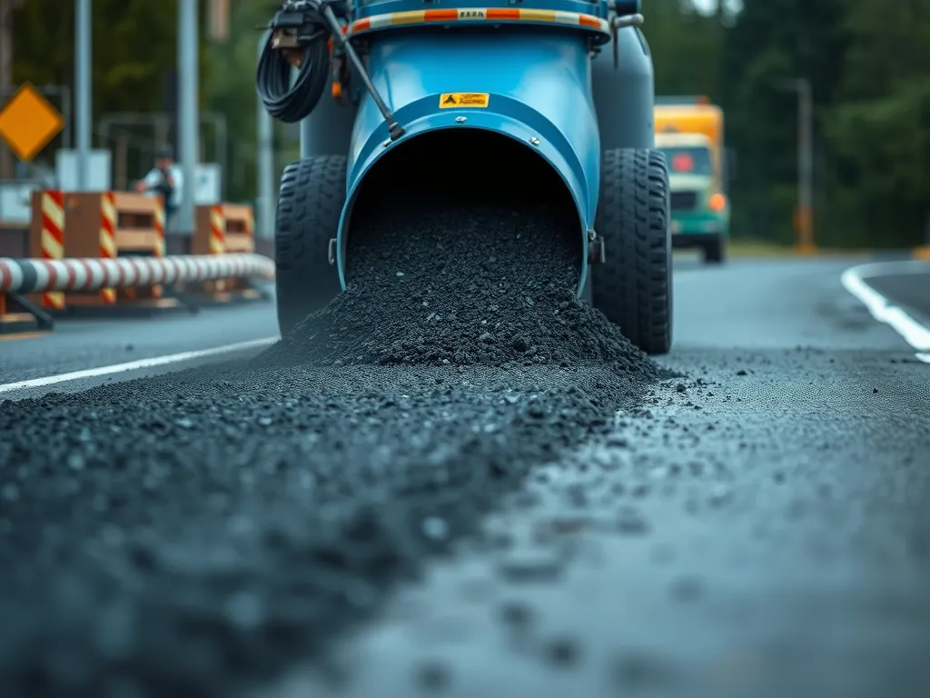 Cold mix asphalt being laid on a road, relevant to regulatory standards for cold mix asphalt.