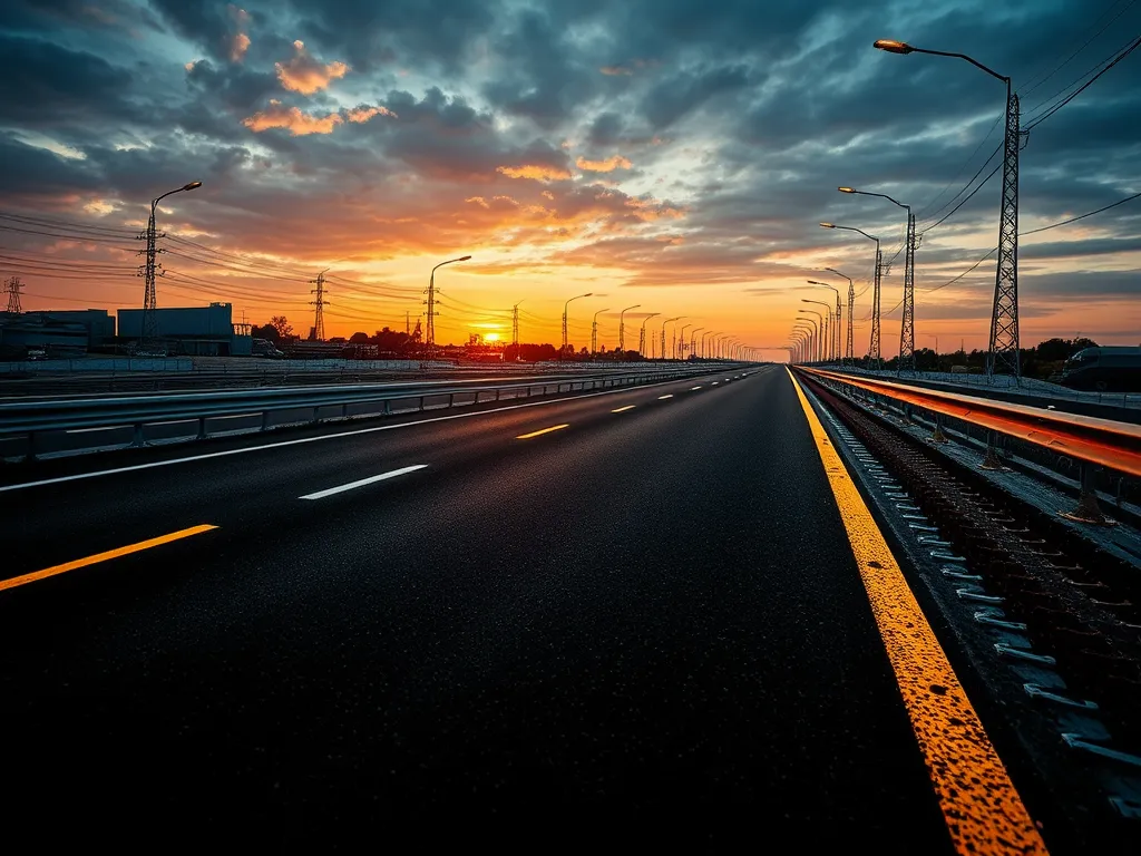 Road featuring cold mix asphalt repairs under a sunset, showcasing durability and performance.