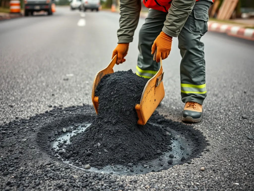 Worker pouring cold mix asphalt to repair a pothole on the road