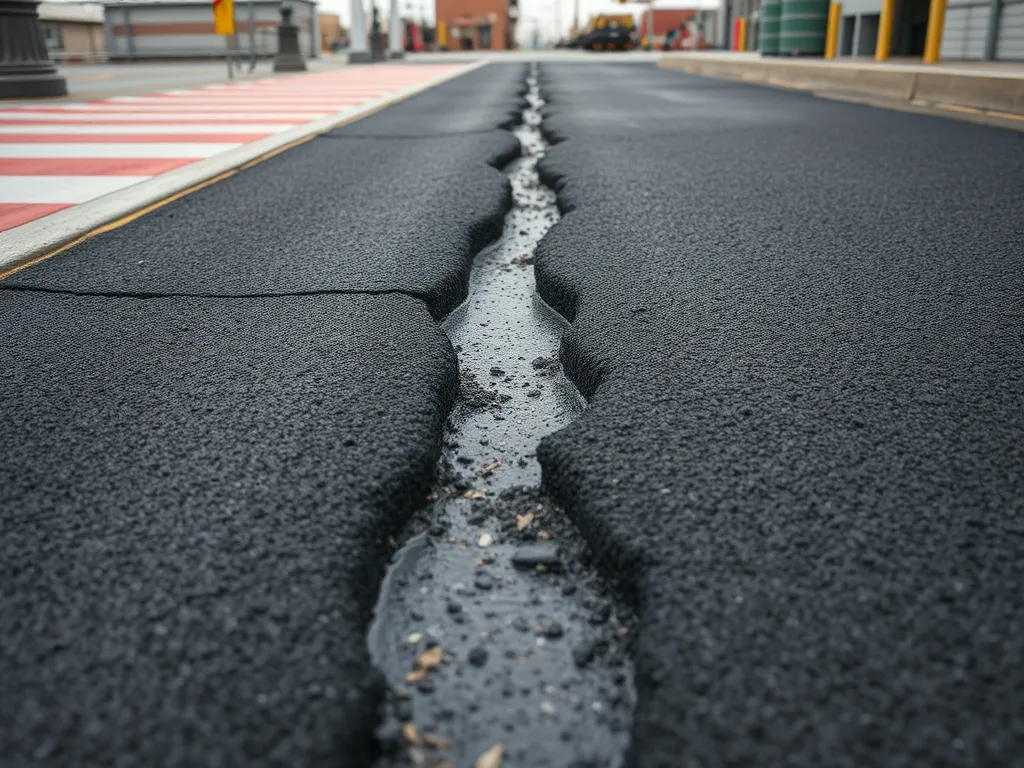 Damaged road surface showing cold mix asphalt in urban area