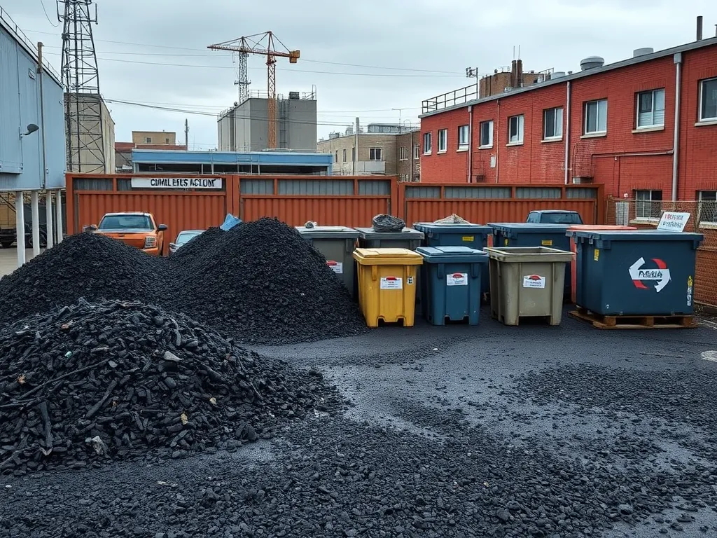 Piles of recycled asphalt and bins at a commercial recycling facility.