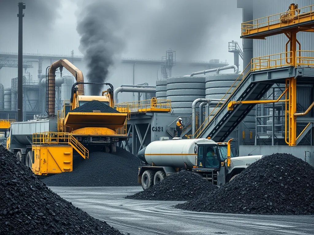 A machinery site showcasing the recycling process of commercial asphalt with trucks and piles of asphalt materials.