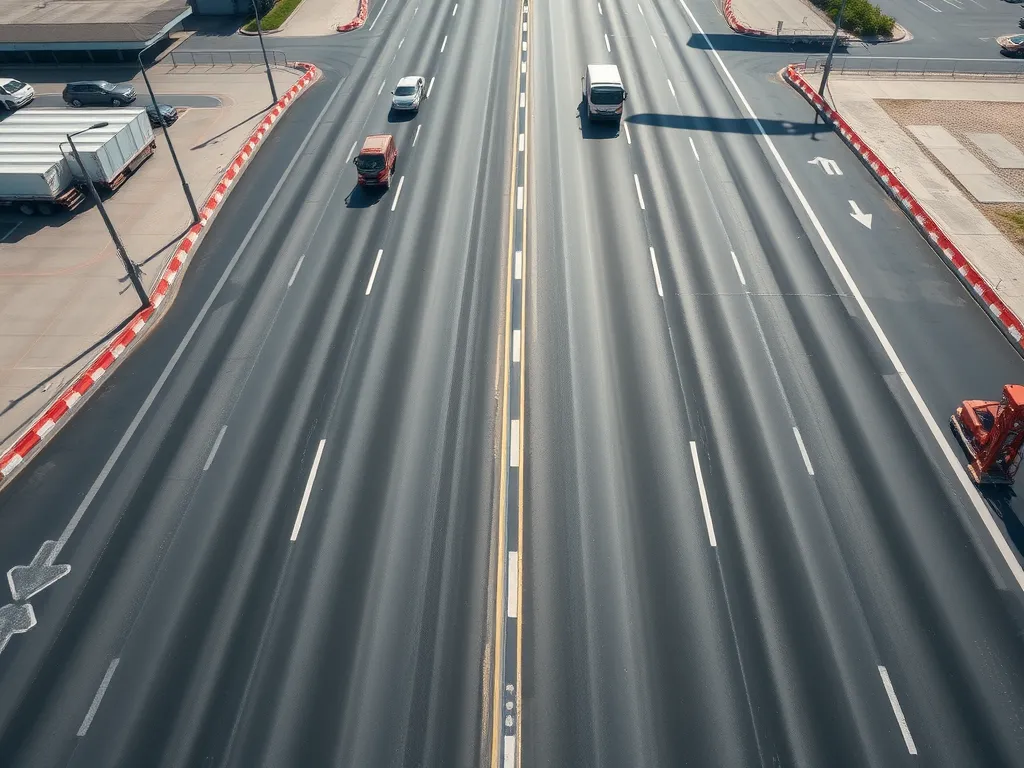 Aerial view of a well-maintained commercial asphalt roadway with vehicles