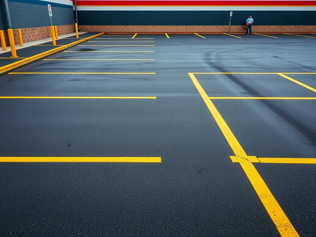 Freshly sealcoated commercial asphalt parking lot with clear lines