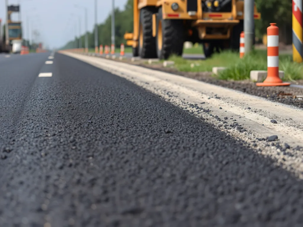 Freshly laid asphalt surface on a commercial roadway with construction equipment in the background