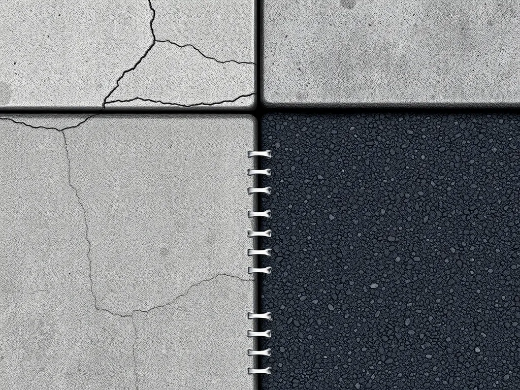 Comparison of cracked concrete and smooth asphalt surfaces, highlighting differences in texture and appearance.