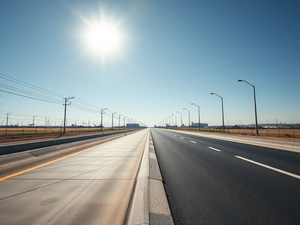 A clear view of a road showcasing the difference between concrete and asphalt surfaces.