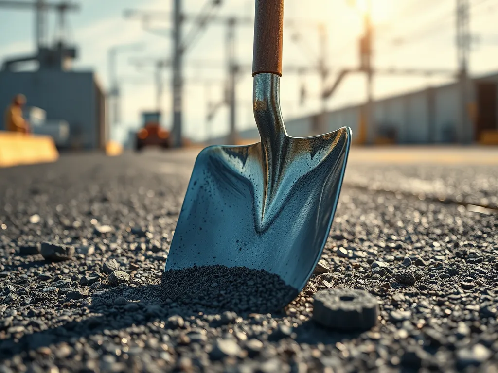 Shovel on asphalt surface highlighting the difference between concrete and asphalt.