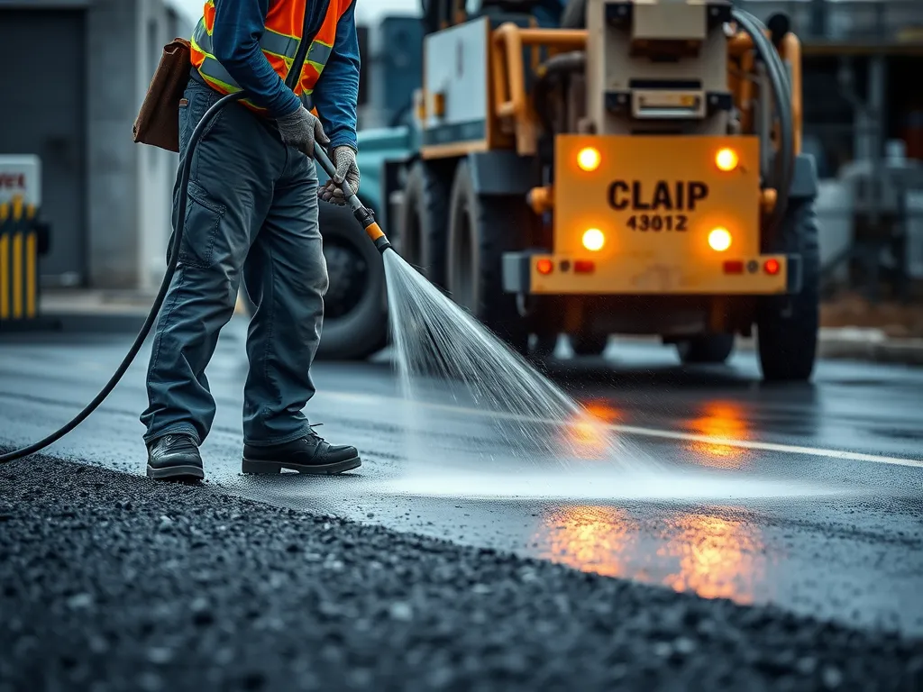 Worker cooling hot asphalt with water spray during road construction