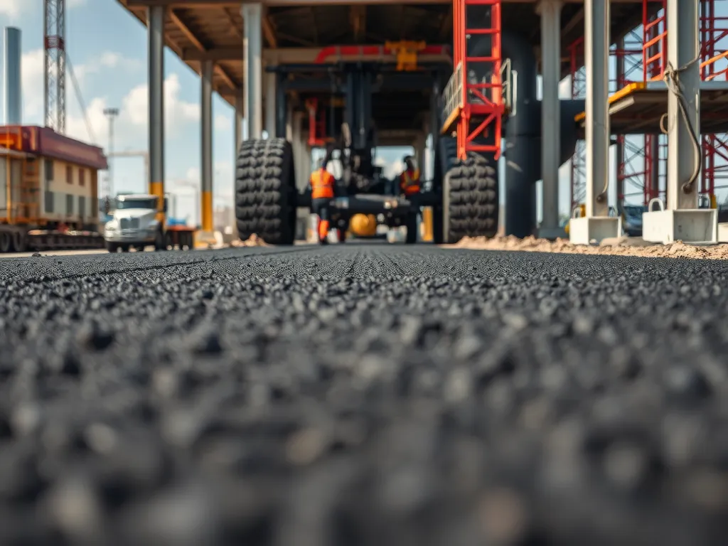 A close-up view of freshly laid asphalt being processed, highlighting the differences between cooling and curing in asphalt.