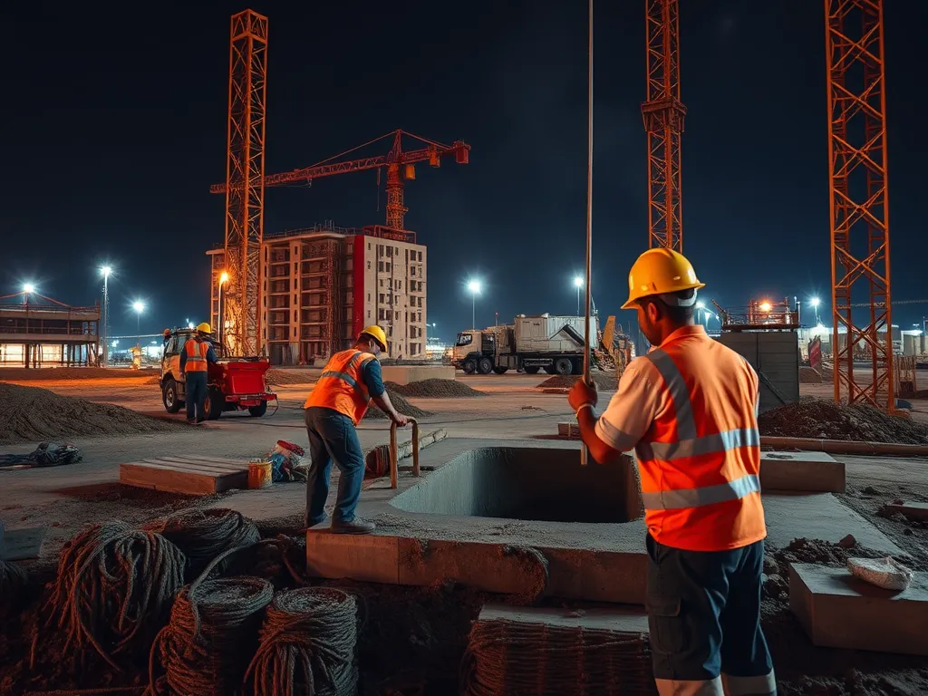 Construction site showing workers managing asphalt during cooling and curing processes at night