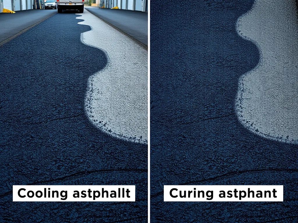 Comparison of cooling and curing processes in asphalt, highlighting differences in texture and finish.