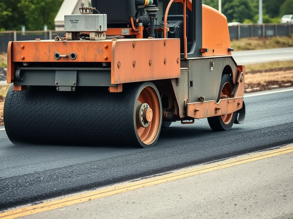Asphalt roller working on freshly laid asphalt for cooling and curing process.