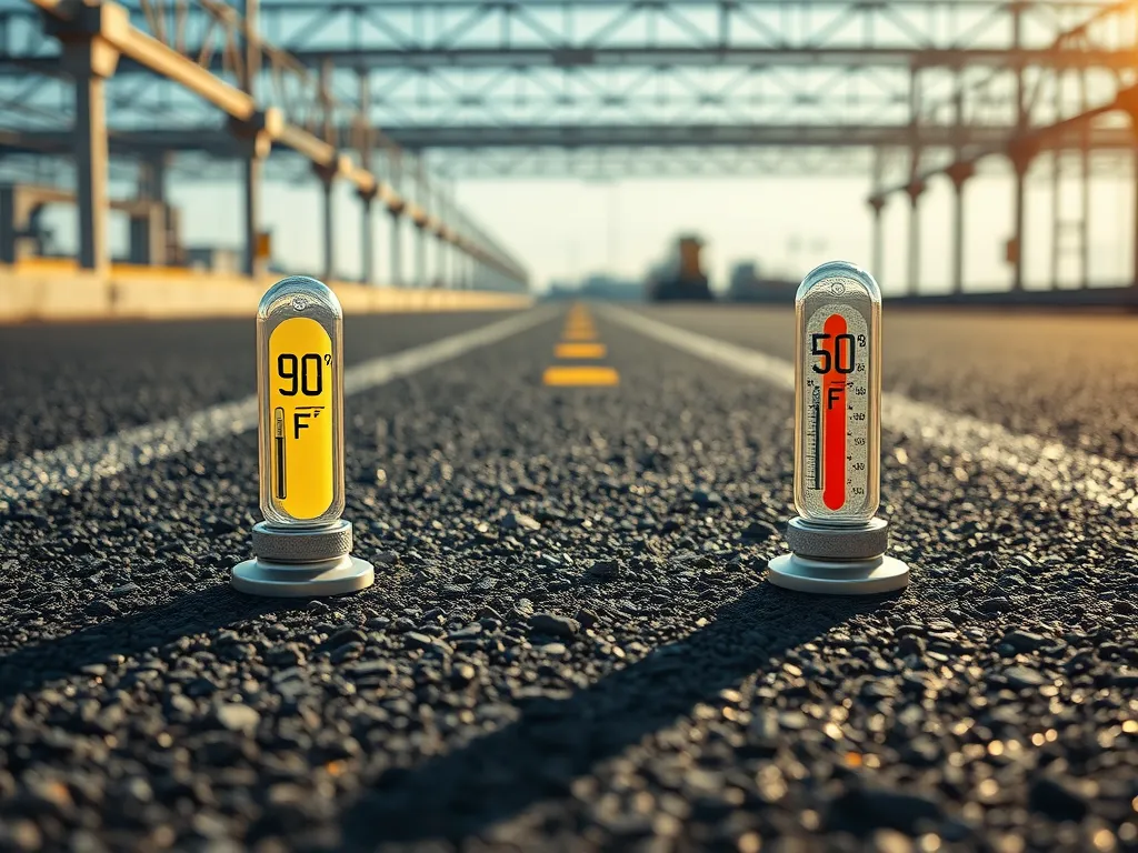 Temperature gauges indicating cooling and curing temperatures in asphalt