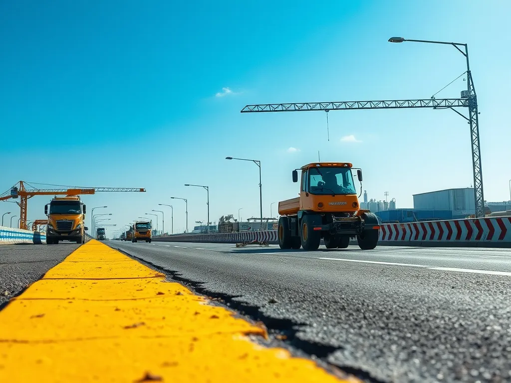 Construction vehicles on a highway demonstrating cost challenges in advanced asphalt implementation