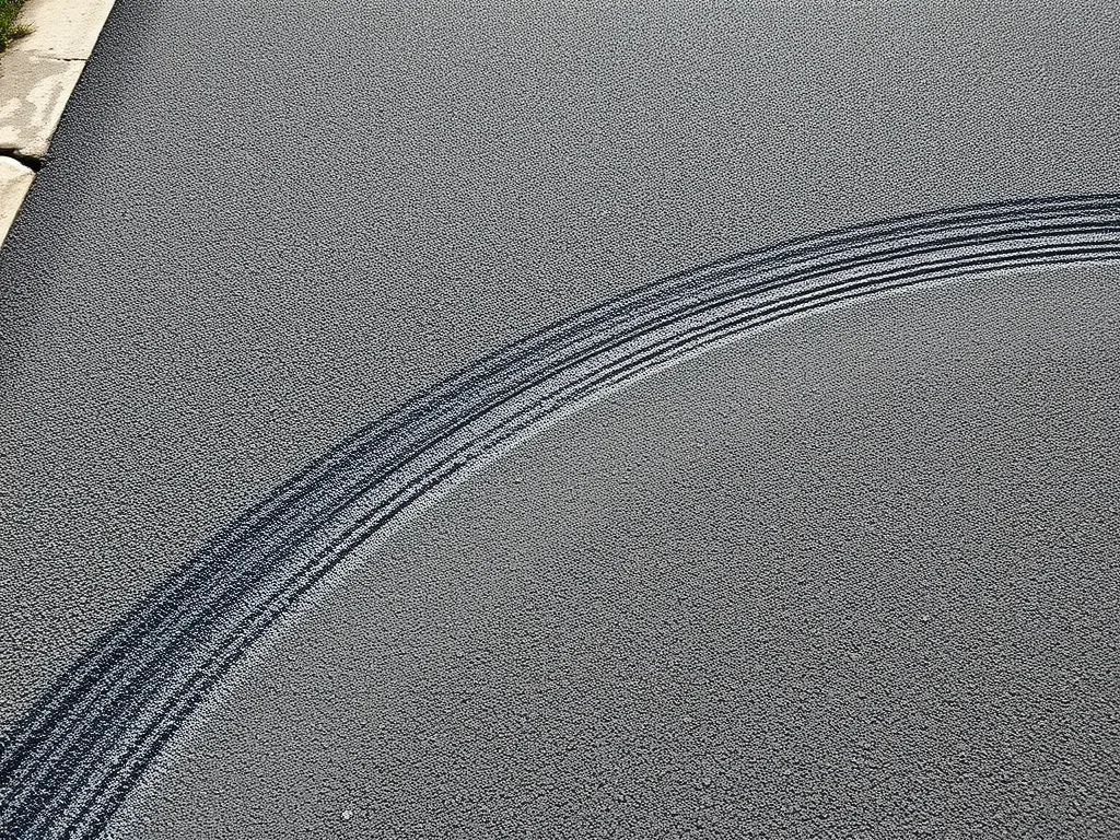 Close-up of a freshly sealcoated asphalt surface showing tire marks, highlighting the benefits of sealcoating for longevity