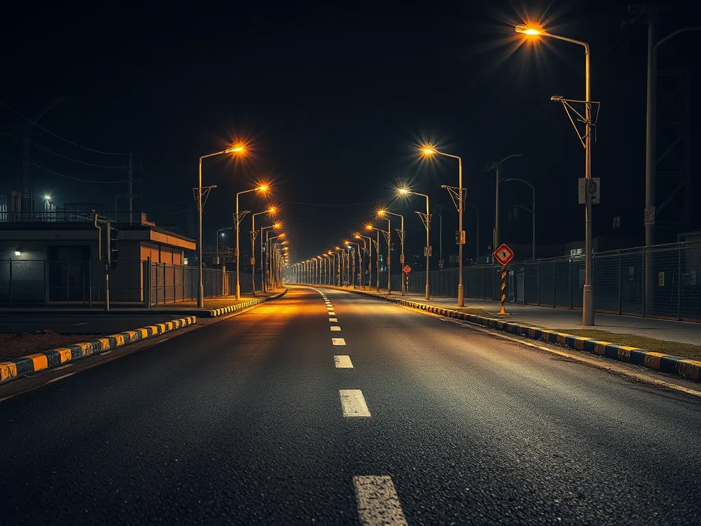 Night view of a well-lit road highlighting the benefits of cost-effective warm mix asphalt in road construction.