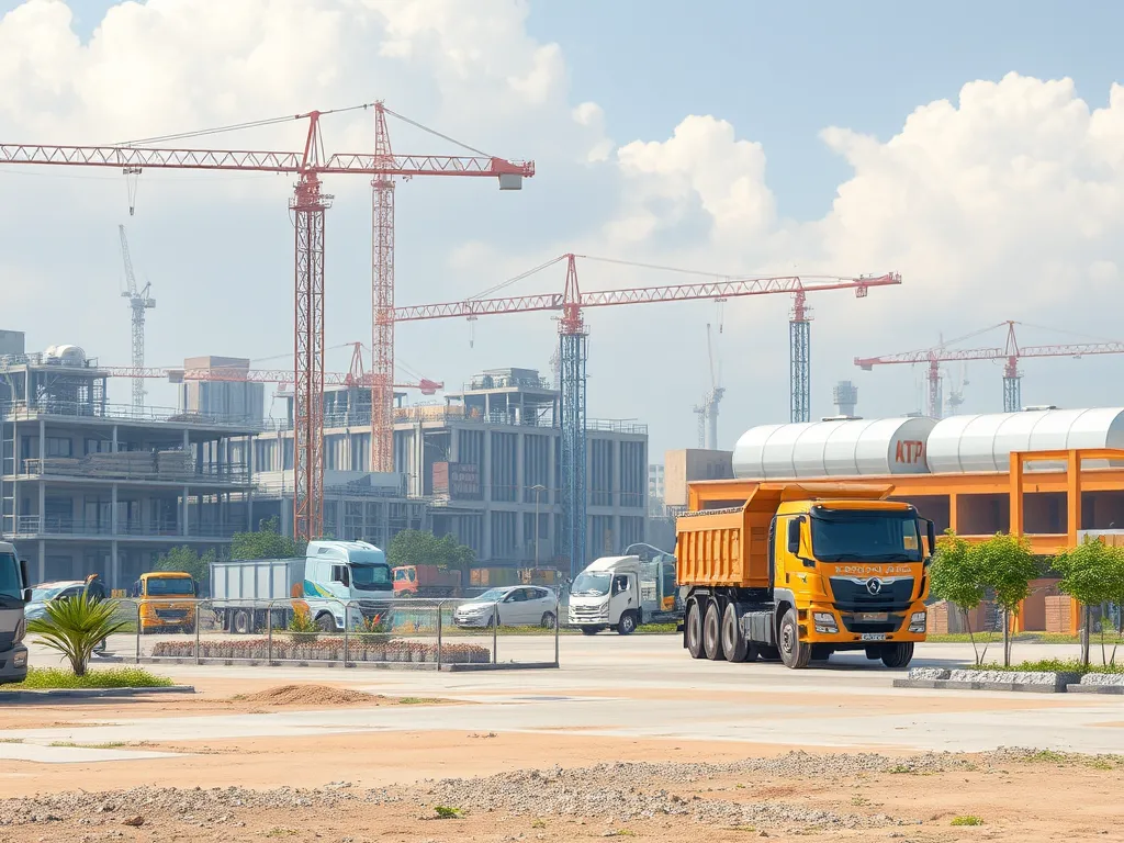 Construction site with asphalt trucks highlighting the cost-effectiveness of warm mix asphalt.