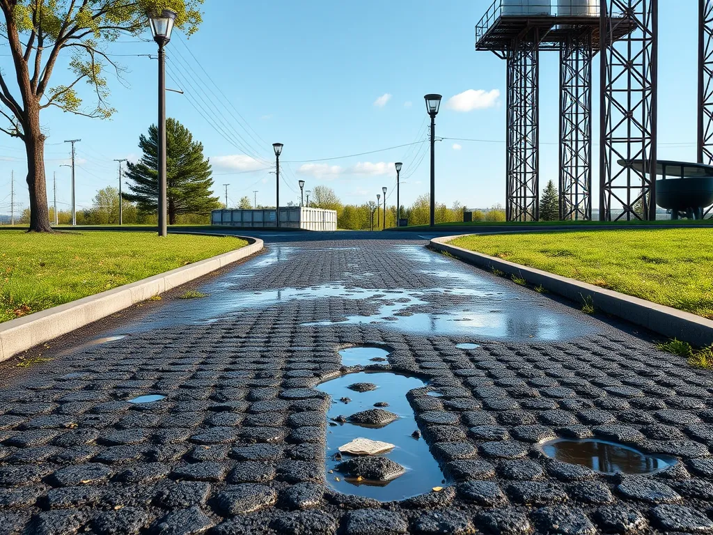 Paved asphalt driveway showing water pooling, highlighting areas in need of repair