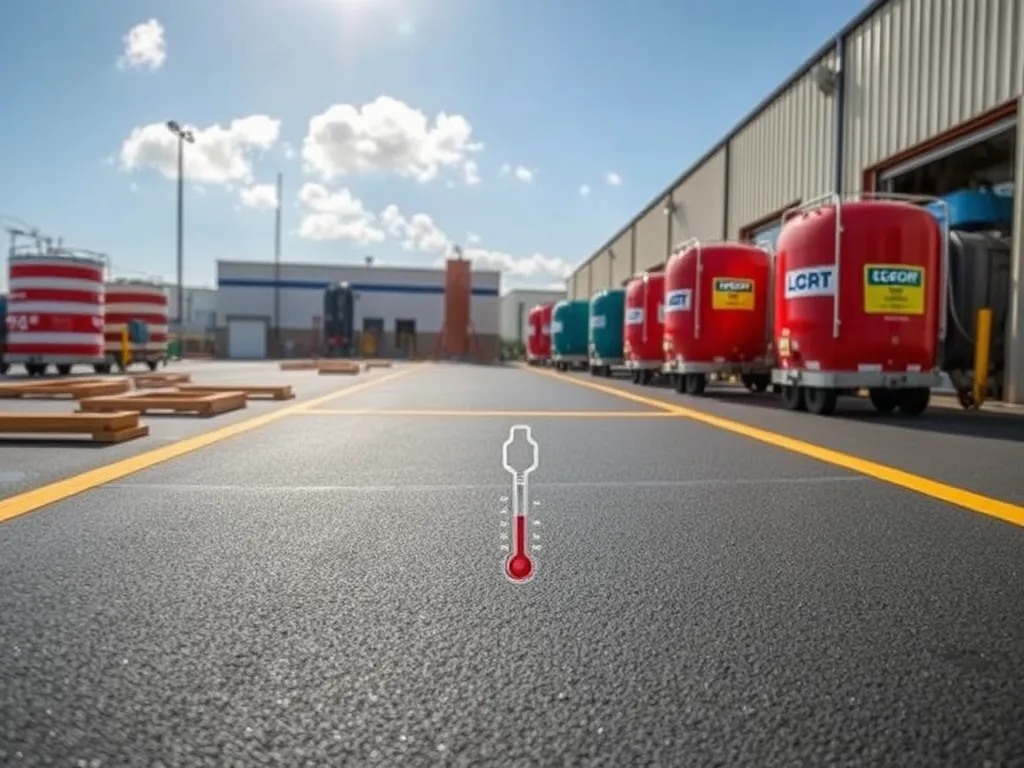 Sealcoating application with thermometers measuring temperature on a freshly sealed asphalt surface.