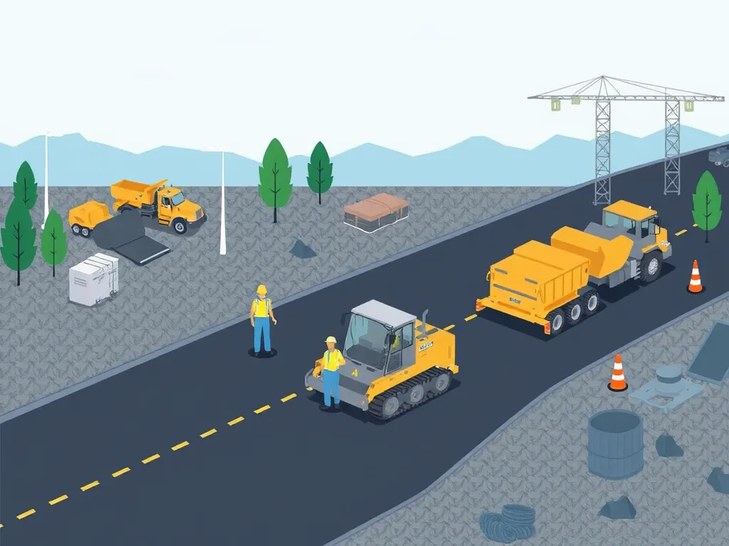 Construction workers and machinery applying asphalt paving, showcasing cost-effective road construction methods.