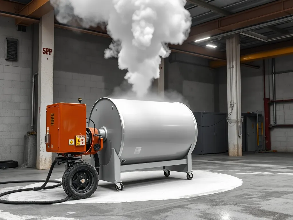 Industrial crack filling machine producing steam in a workshop, showcasing crack filling methods and tools.