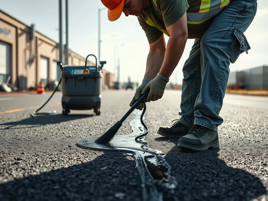 Worker using crack filling tools on asphalt surface for maintenance