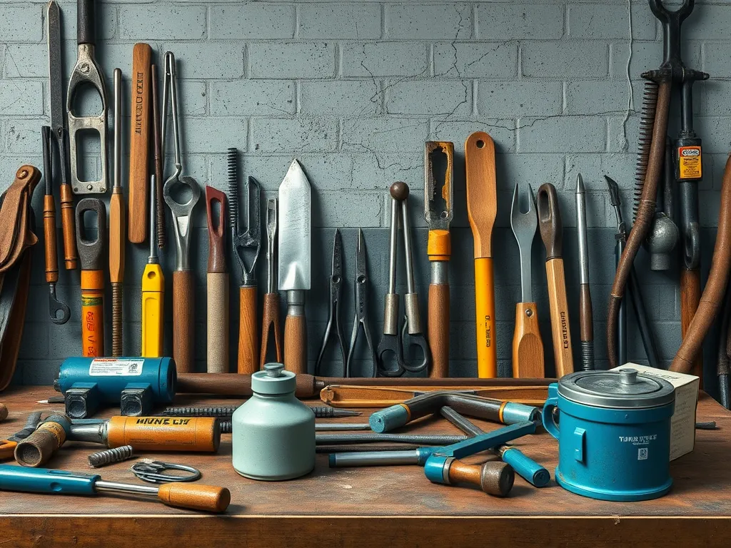 An assortment of tools used for crack filling methods in construction.