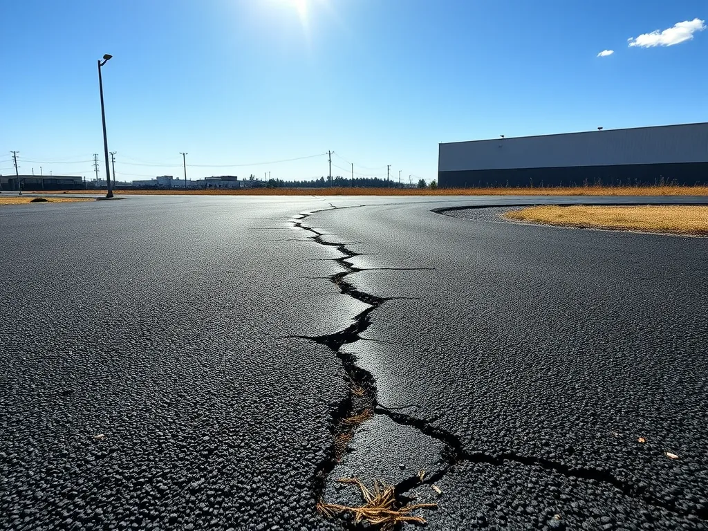 Cracked asphalt surface highlighting the importance of crack sealing benefits for pavement maintenance.