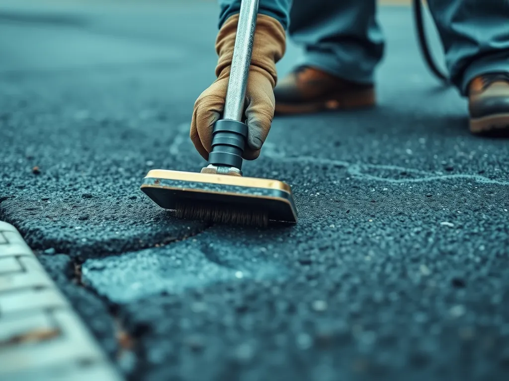 A worker using a wire brush to prepare cracks in asphalt for sealing