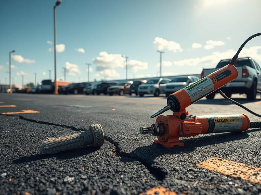 Tools used in the crack sealing process on asphalt surfaces.