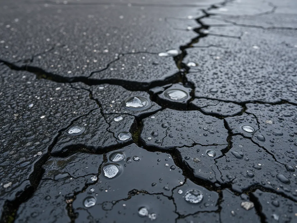 Close-up view of cracked asphalt showing water accumulation, illustrating asphalt test indicators.