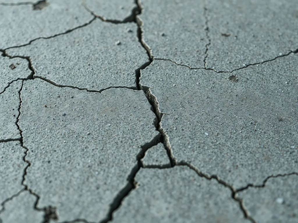 A close-up view of a cracked concrete driveway, illustrating potential issues related to concrete compared to asphalt driveways.