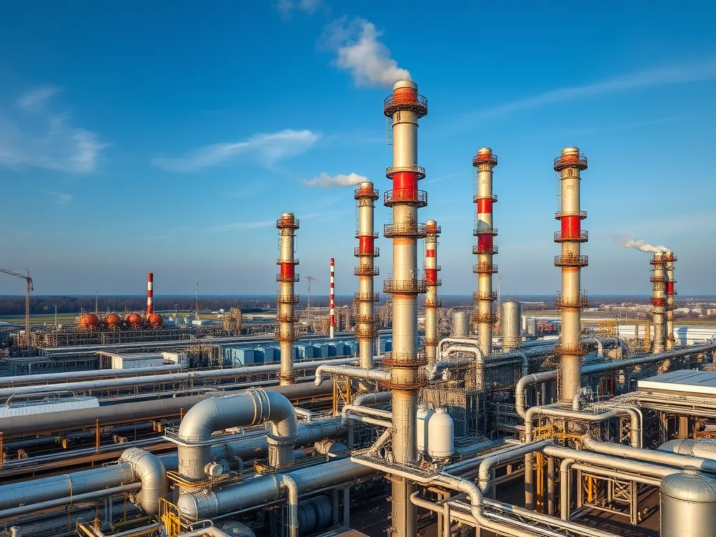 Industrial scene of crude oil refining process with tall chimneys and pipes, related to asphalt production.