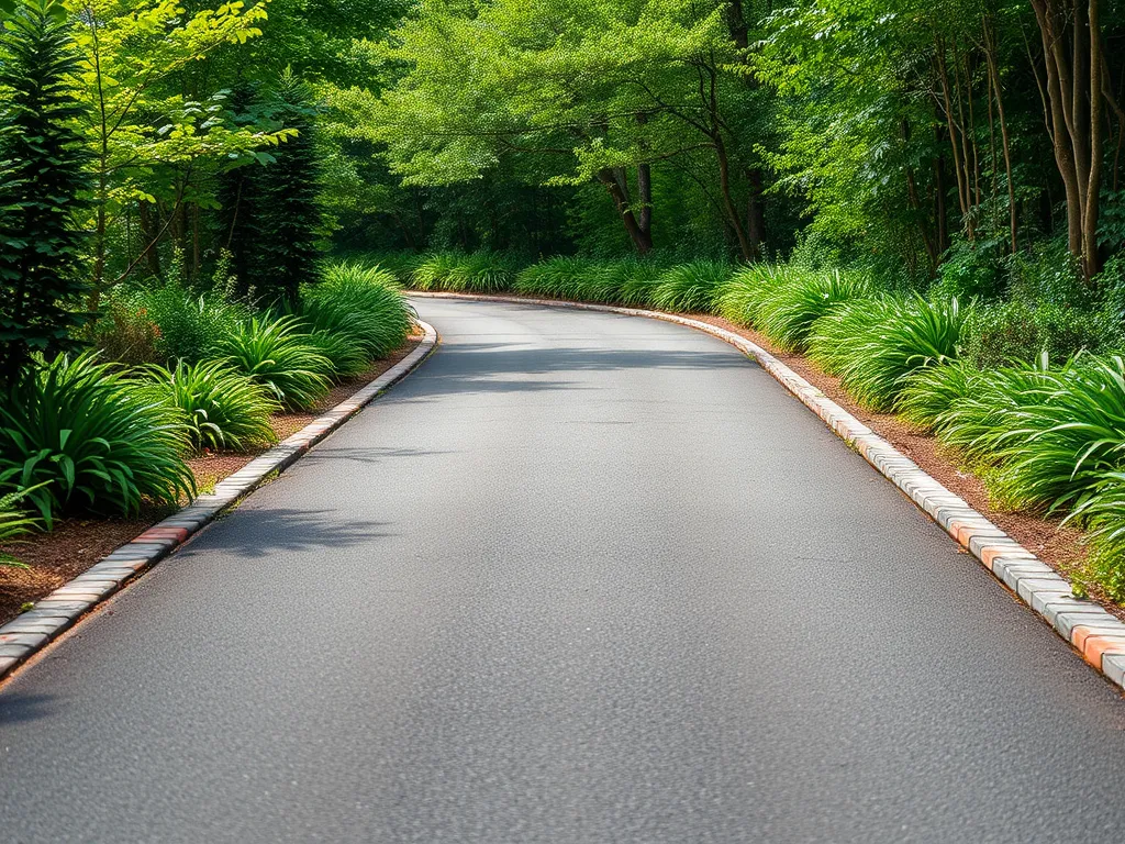 Beautifully crafted custom asphalt pathway surrounded by greenery.