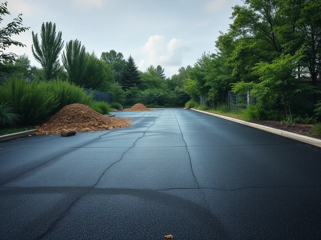 Debris piles on an asphalt pavement in a clearing process during asphalt paving.
