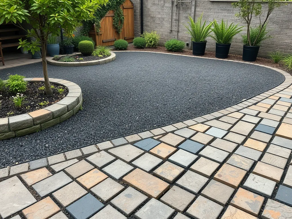 A beautifully designed asphalt area featuring decorative stones and plants for enhanced curb appeal.
