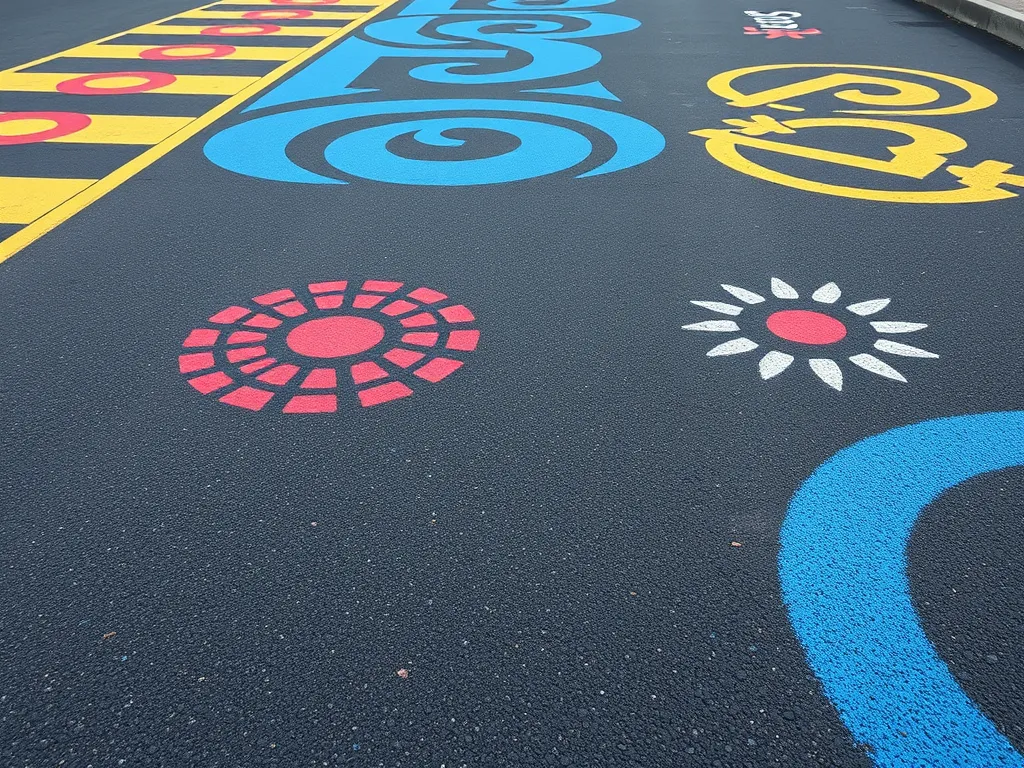 Colorful decorative elements painted on asphalt for enhancement.