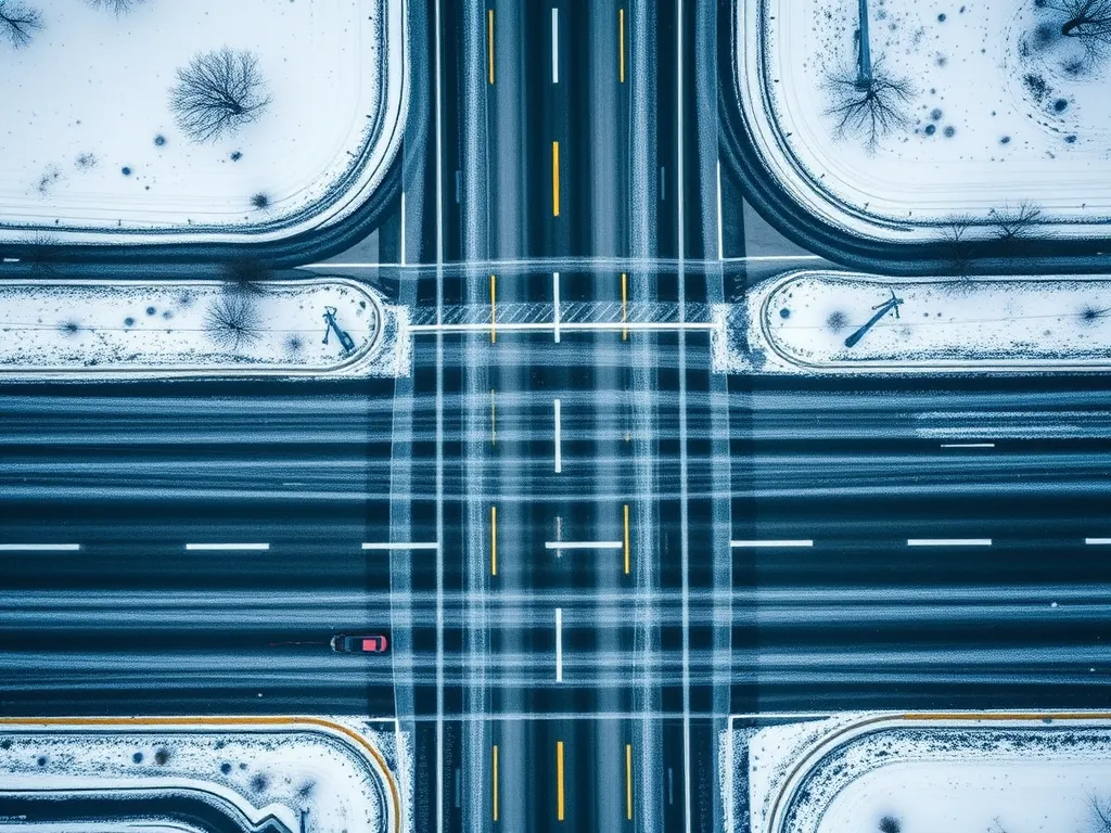 Aerial view of an asphalt road with snow and ice, illustrating deicing strategies for maintaining road safety