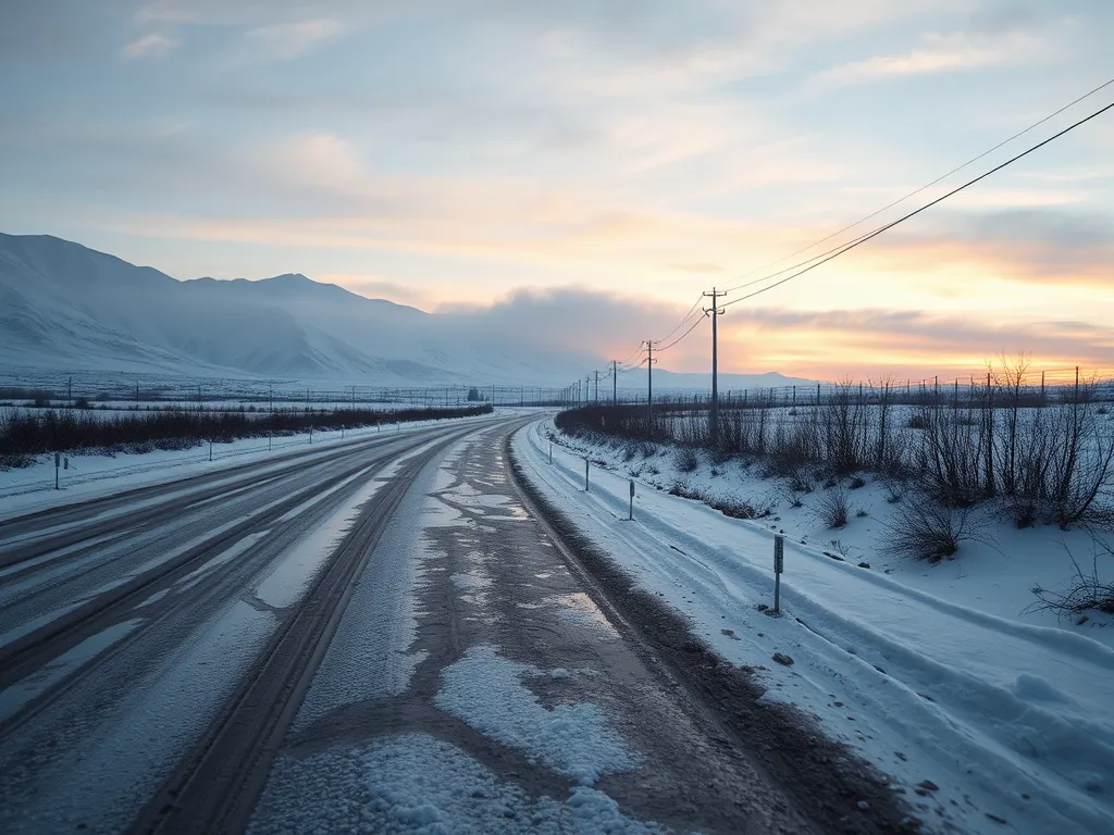 A snowy asphalt road showcasing the impact of deicing strategies.