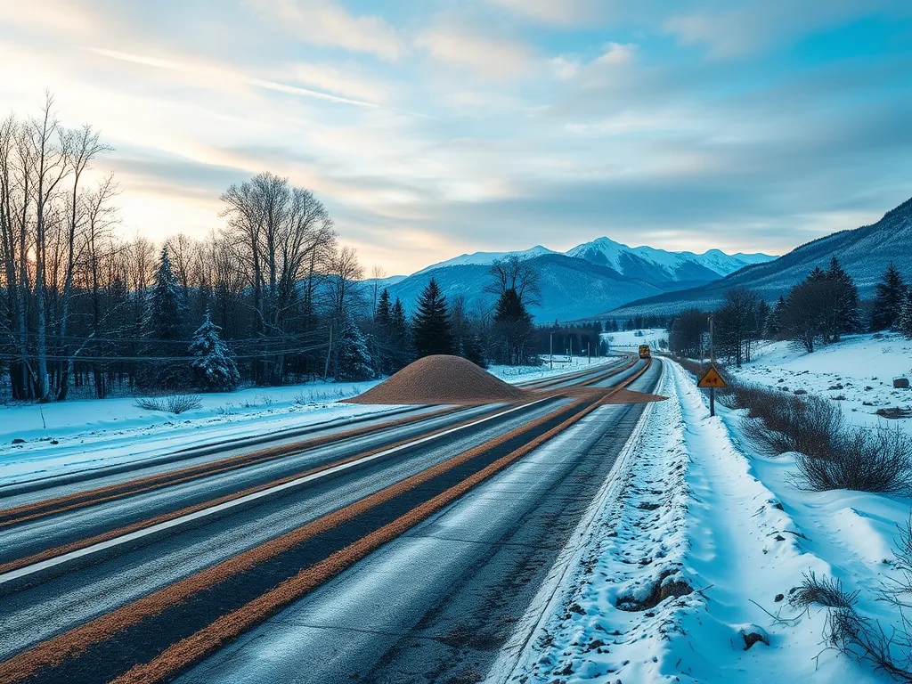 Image of a winter road with a pile of deicing material for asphalt road maintenance