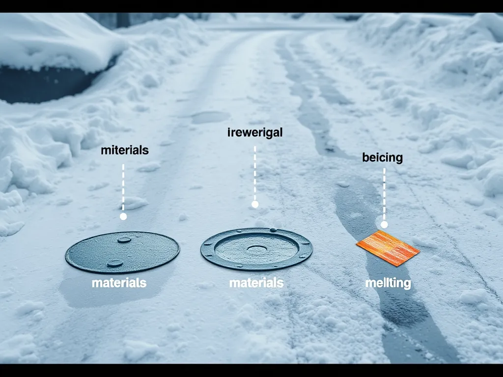 Various deicing materials on an asphalt road covered in snow and ice
