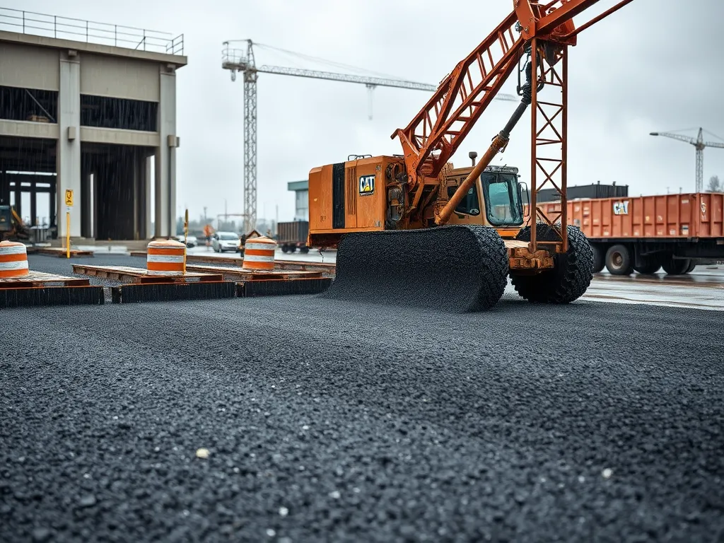 Heavy machinery laying down dense-grade asphalt mastic on a construction site.