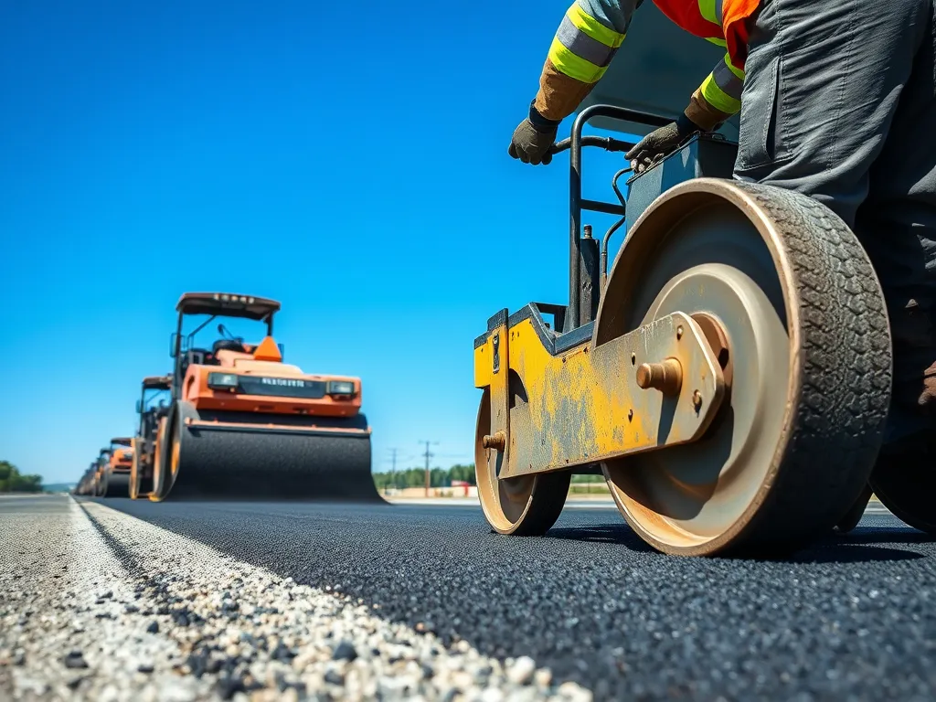 Worker operating roller on dense-grade asphalt mastic during road construction
