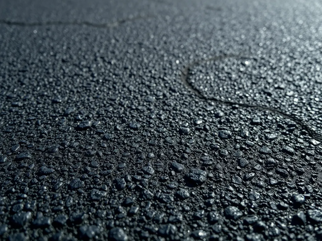 Close-up view of dense-grade asphalt mastic surface with water droplets
