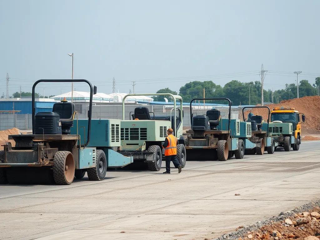 Various models of paver machines lined up on a construction site for road paving