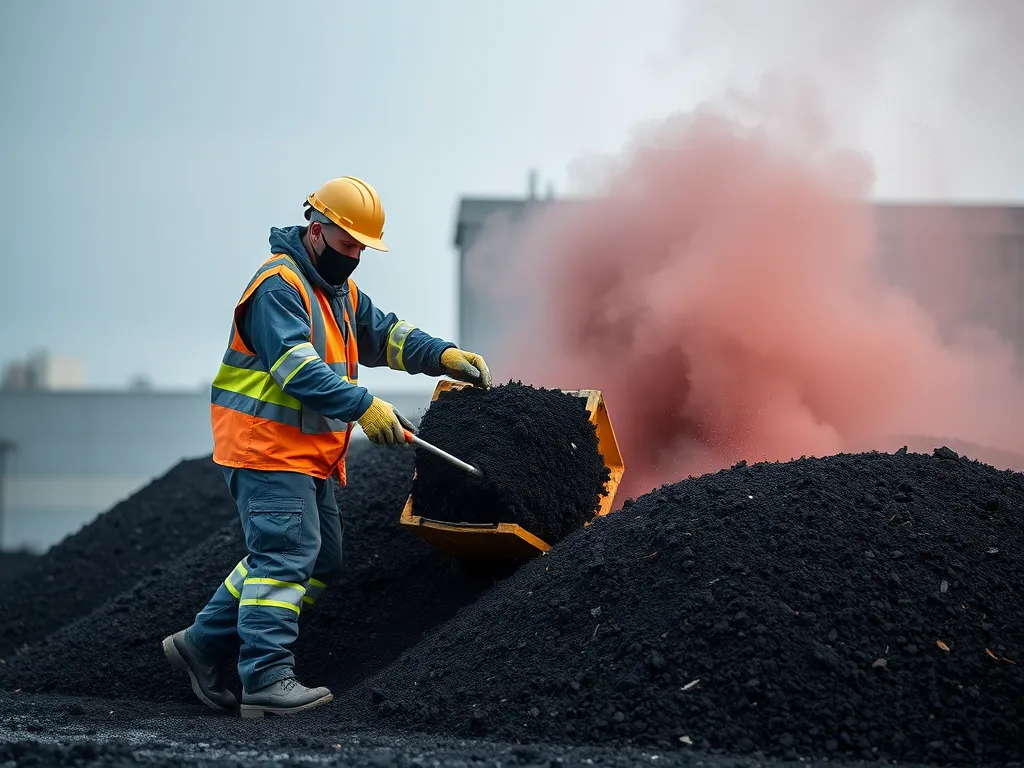 Worker responsibly disposing hot asphalt with safety gear.